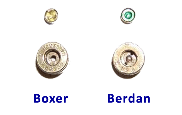 Boxer primer on the left, Berdan on the right